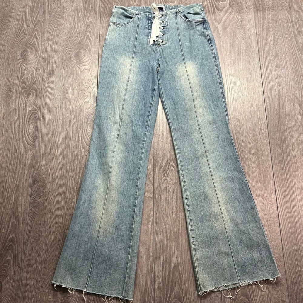 Santa Barbara Clothing Co 26 x 30 Y2k Lace Up Flare Jeans Light Wash Raw Hem 9
